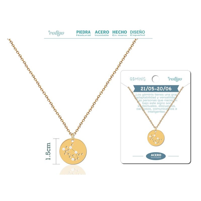 Colgante Constelacion Geminis Acero Dorado - Coleccion Constelaciones Zodiaco